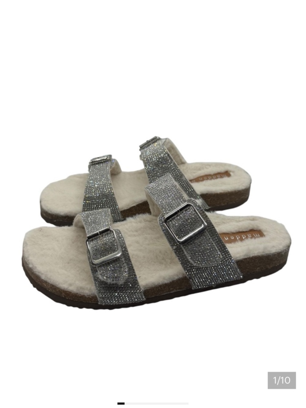 Madden Girl Brandorf Rhinestone Slip on Sandals Bling Faux Fur Lined Size 8.5